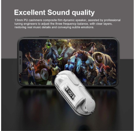 TWS Wireless Earbuds Transparent Case LED Display Touch Control Bluetooth 5.3
